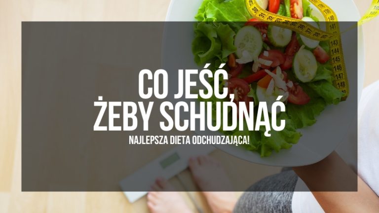 Zdjęcie przedstawiające świeży, zdrowy posiłek w formie sałatki z miarką krawiecką symbolizującą kontrolę nad dietą oraz stopy na wadze w tle, z tytułem 'CO JEŚĆ, ŻEBY SCHUDNĄĆ - NAJLEPSZA DIETA ODCHUDZAJĄCA!' na półprzezroczystym pasku na górze obrazka, podkreślające znaczenie zdrowego odżywiania w procesie odchudzania.