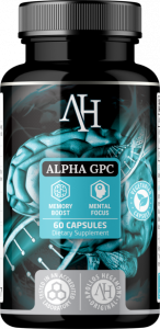 czarno błękinta bulteka suplementu Alpha GPC  marki Apollos Hegemony. Na etykiecie znajduje się wizualizacja mózgu i kodu dna.