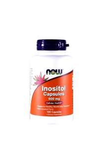 biało pomarańczowe opakowanie z granatową nakrętką suplementu marki NOW - inositol Capsules 500 mg