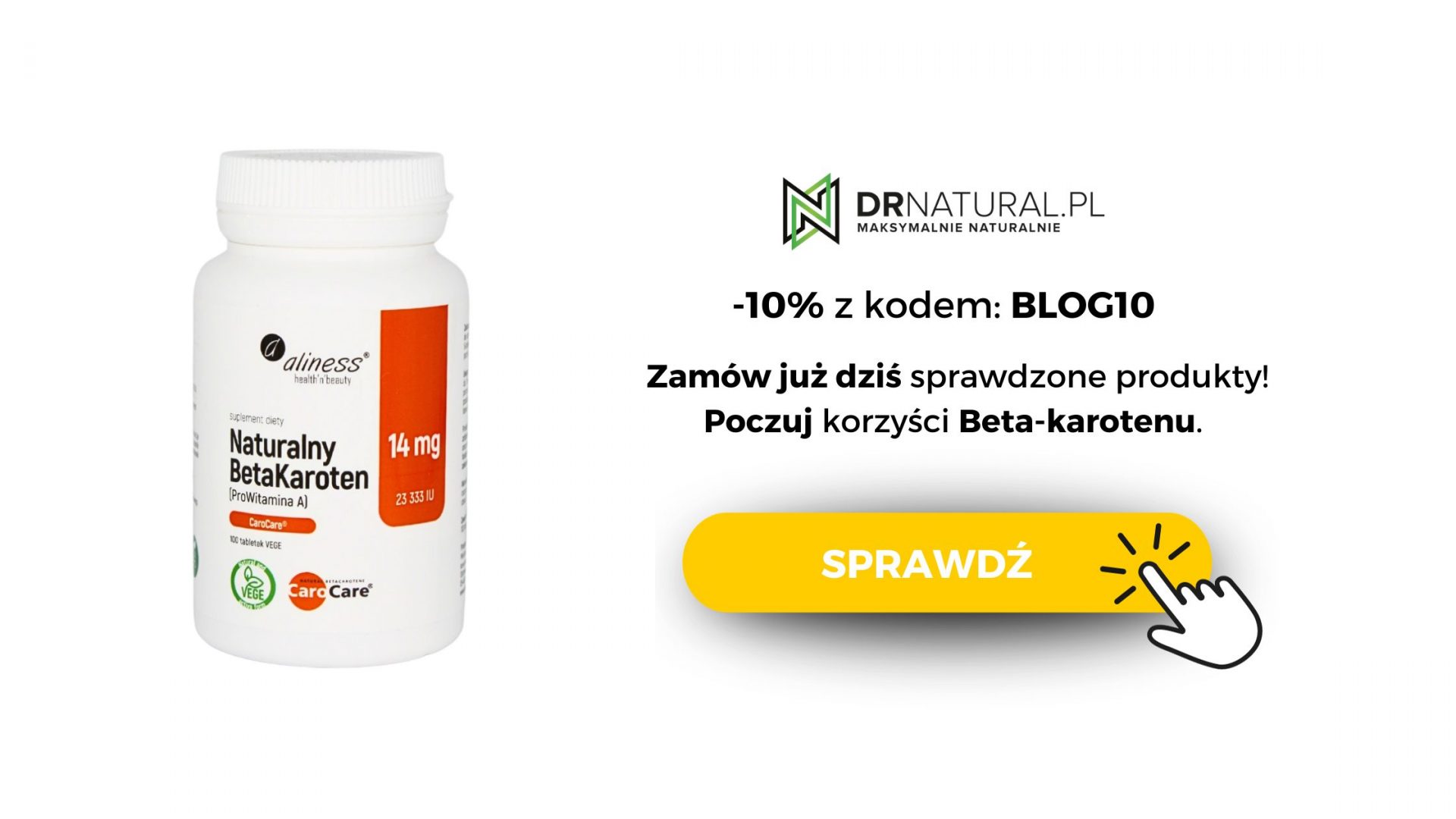 Butelka suplementu ALINESS - NATURALNY BETAKAROTEN, z 10% kodem rabatowym BLOG10 - zamów już dziś na drnatural.pl i poczuj korzyści z BETA-KAROTENU."