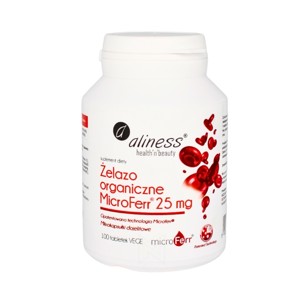 Opakowanie suplementu diety Aliness, Żelazo Organiczne MicroFerr 25 mg, 100 tabletek VEGE, z zaawansowaną technologią MicroFerr, miękkie tabletki żelowe na białym tle.



