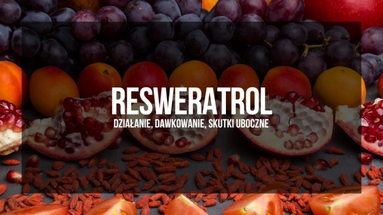 Wizualizacja z napisem "RESWERATROL - działanie, dawkowanie, skutki uboczne", pokazująca winogrona, granaty i inne owoce bogate w resweratrol.
