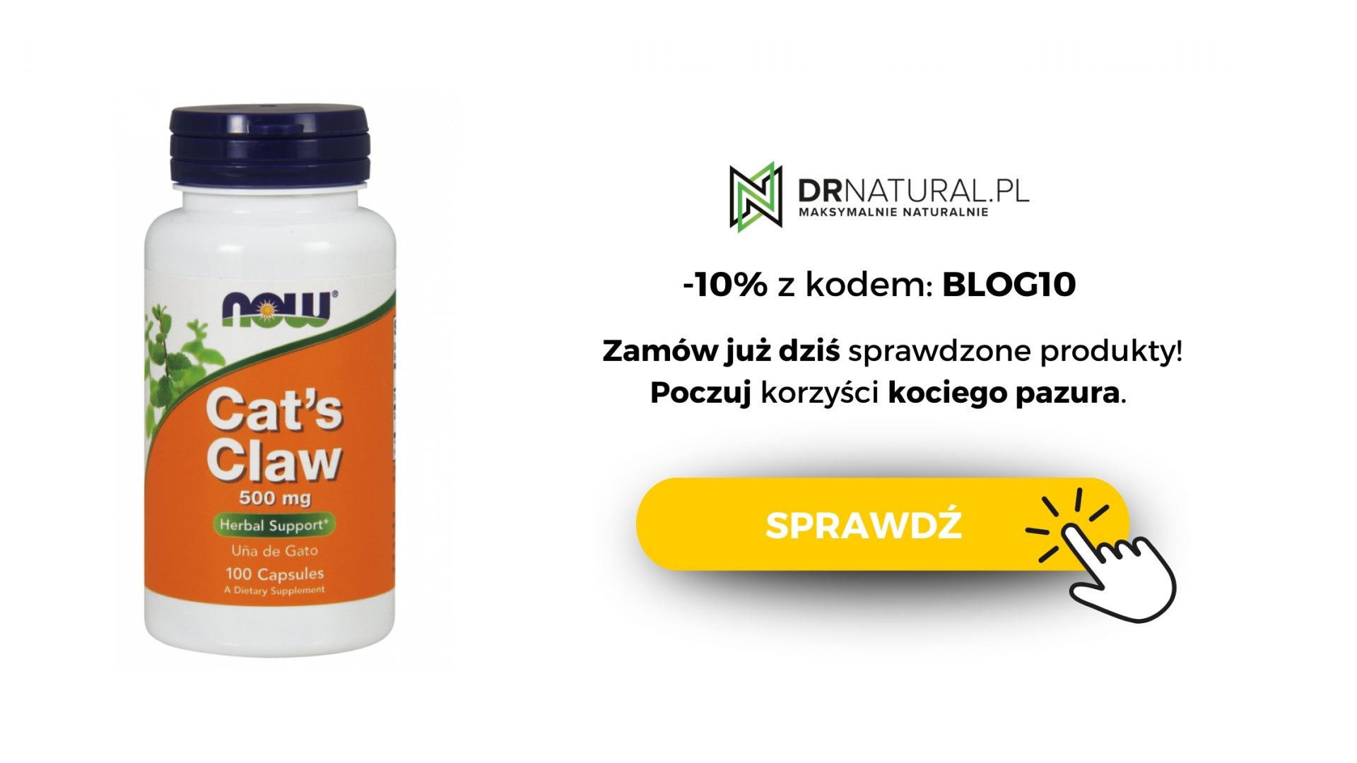 Opakowanie kapsułek Cat's Claw (Koci Pazur) od NOW Foods o pojemności 500 mg, z ofertą rabatową -10% na sprawdzone produkty w sklepie DrNatural.pl.
