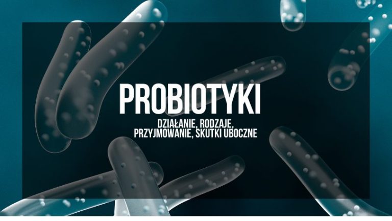 Grafika przedstawiająca powiększone obrazy bakterii probiotycznych na ciemnoniebieskim tle. Na grafice znajduje się biały i żółty tekst: 'PROBIOTYKI - działanie, rodzaje, przyjmowanie, skutki uboczne'. Bakterie są w kolorze szarym z białymi punktami, sugerującymi obecność kolonii bakterii lub cząsteczek. Całość ma nowoczesny, medyczny wygląd.