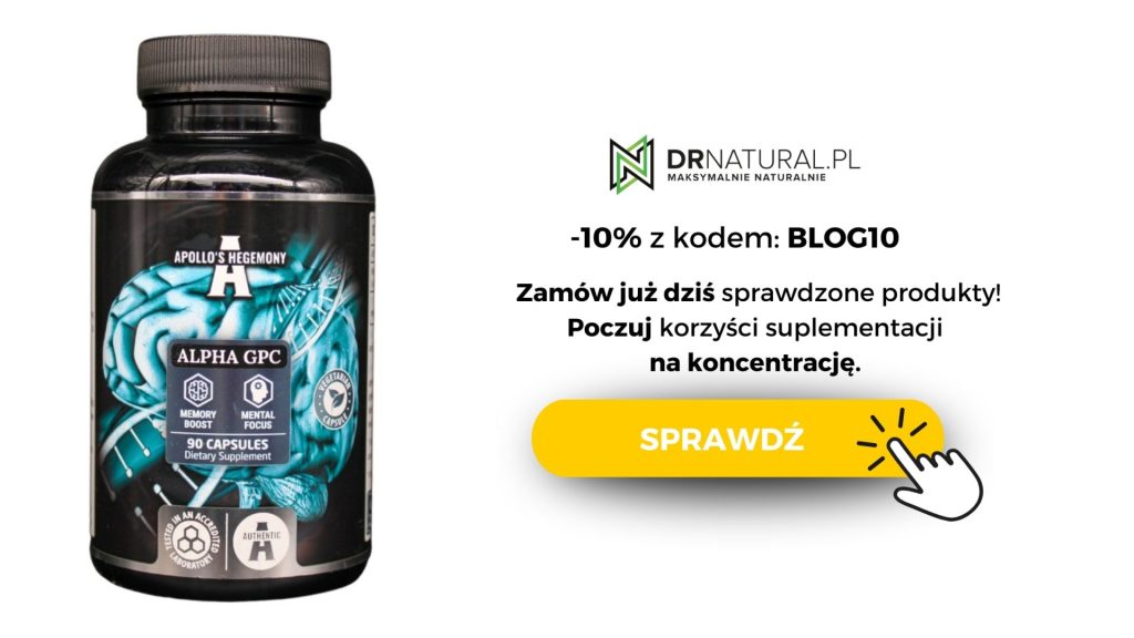 Opakowanie suplementów diety Alpha GPC marki AH. Obok napis -10% z kodem "blog10", Zamów już dziś sprawdzone produkty. Poczuj korzyść z berberyny. Obok pomarańczowy przycisk "sprawdź".