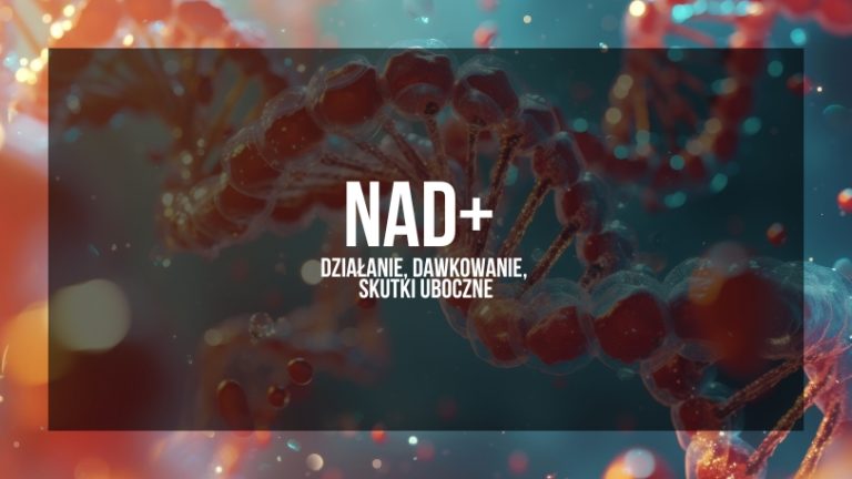 Na obrazie widzimy grafikę związaną z tematem NAD+ (nikotynamid adenin dinukleotyd), gdzie głównym elementem są struktury molekularne, dynamicznie przedstawione w tle pełnym czerwieni i niebieskiego, co może symbolizować aktywność biologiczną na poziomie komórkowym. Tekst na grafice „NAD+ DZIAŁANIE, DAWKOWANIE, SKUTKI UBOCZNE” wskazuje, że obraz może być używany w kontekście edukacyjnym lub promocyjnym, wyjaśniającym działanie NAD+ na organizm, rekomendowane dawki oraz możliwe skutki uboczne suplementacji. Grafika ta doskonale ilustruje temat artykułu lub prezentacji dotyczącej NAD+, podkreślając jego rolę w regulacji procesów metabolicznych i potencjalnym wpływie na zdrowie i długowieczność.