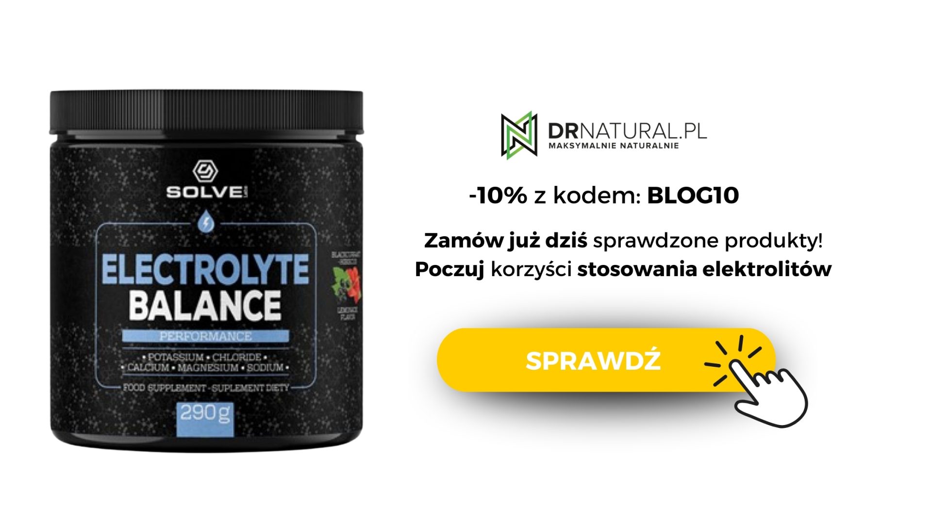 Obraz przedstawia opakowanie produktu "Electrolyte Balance" marki SolveLabs, prezentowany na grafice promocyjnej. Produkt oferuje mieszankę niezbędnych elektrolitów takich jak potas, chlorek, wapń, magnez i sód, mających na celu nawodnienie oraz uzupełnienie utraty minerałów podczas wysiłku fizycznego. Etykieta podkreśla, że produkt jest odpowiedni dla wegan oraz wolny od glutenu, laktozy i GMO, obiecując poprawę wydajności. Projekt zawiera ciemne, galaktyczne tło z nałożonym tekstem i kodem promocyjnym "BLOG10" na zniżkę, zachęcając do zakupu tego suplementu elektrolitów.