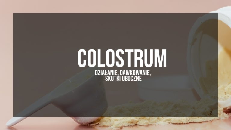 Na obrazie widzimy proszek colostrum rozsypany na powierzchni, obok którego znajduje się łyżeczka do odmierzania. Tło jest utrzymane w ciepłych, beżowych tonach, co podkreśla naturalny charakter colostrum. Tekst na grafice „Colostrum - działanie, dawkowanie, skutki uboczne” wskazuje, że obraz może być używany w kontekście edukacyjnym lub promocyjnym, wyjaśniającym korzyści zdrowotne z jego stosowania, odpowiednie dawki oraz potencjalne skutki uboczne suplementacji.
