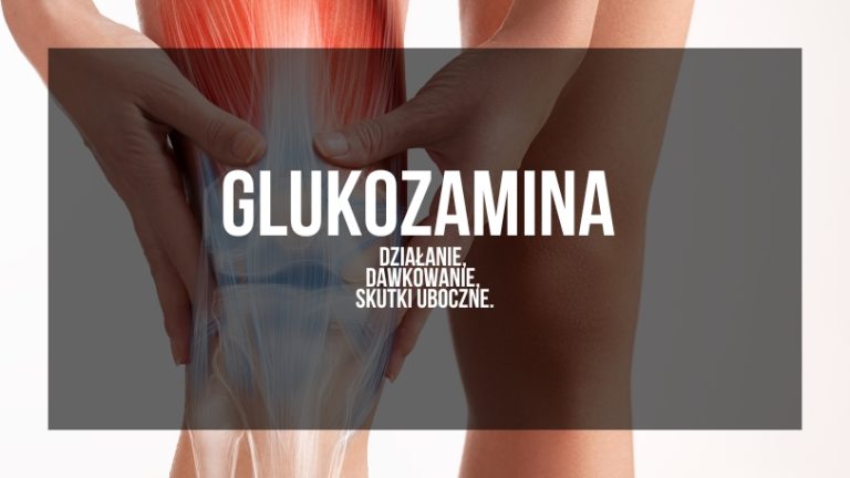 Na obrazie widzimy grafikę związaną z tematem glukozaminy, na której centralnym elementem jest przedstawienie ludzkiego kolana, z nałożoną przezroczystą ilustracją ukazującą wewnętrzną strukturę stawu. Tekst na grafice „GLUKOZAMINA DZIAŁANIE, DAWKOWANIE, SKUTKI UBOCZNE” sugeruje, że obraz może być wykorzystywany w celach edukacyjnych przedstawiających wpływ glukozaminy na zdrowie stawów, zalecane dawkowanie oraz potencjalne skutki uboczne jej stosowania.