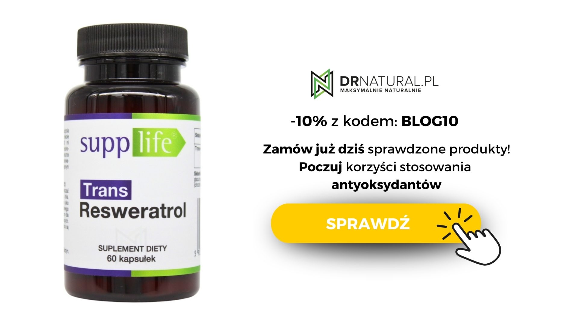 Obraz przedstawia opakowanie suplementu diety Trans Resweratrol marki SuppLife. Opakowanie ma etykietę z logotypem firmy i informacjami o produkcie. Obok opakowania znajduje się żółty przycisk z napisem "SPRAWDŹ" oraz informacja o 10% zniżce z kodem "BLOG10". Grafika promuje korzyści z suplementacji antyoksydantów.