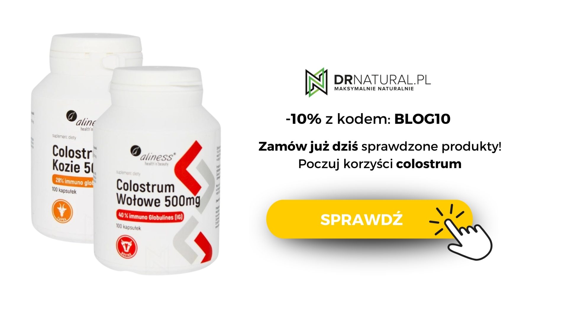 a: Na obrazie widzimy dwie butelki suplementów diety Colostrum marki Aliness - jedna zawiera colostrum wołowe, a druga kozie. Butelki są wyraźnie widoczne na białym tle, a dominującym kolorem jest biel, co sugeruje czystość i naturalność produktu. Tekst na grafice zachęca do zakupu i podkreśla korzyści płynące ze stosowania colostrum, podkreślając promocję -10% z kodem BLOG10.