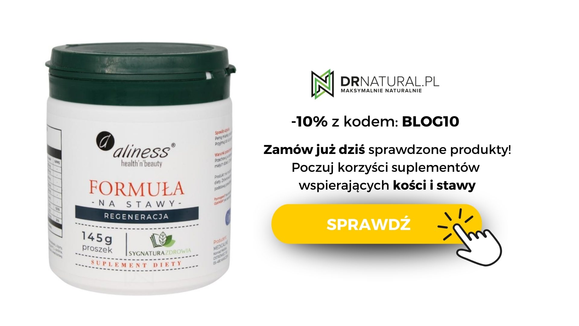 Na obrazie widzimy opakowanie suplementu diety "formuła na stawy (regeneracja)" marki Aliness na białym tle. Obok opakowania widnieje napis "-10% z kodem BLOG10", który zachęca do zakupu produktu wspierającego zdrowie z rabatem. 