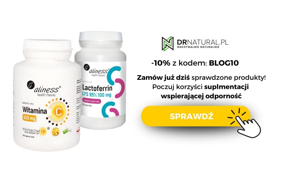 Na obrazie widzimy dwa opakowania suplementów diety marki Aliness: jedno z witaminą C, a drugie z laktoferyną. Oba opakowania są białe, z kolorowymi akcentami, co podkreśla ich nowoczesny i czysty design. Obok znajduje się tekst promocyjny „Zamów już dziś sprawdzone produkty! Poczuj korzyści suplementacji wspierającej odporność”. Oraz kod rabatowy -10% na hasło blog10. Tło jest jasne, a elementy graficzne stonowane, co sprawia, że uwaga skupia się na produktach. Obraz idealnie nadaje się do promocji suplementów wspierających układ odpornościowy, szczególnie w sezonie zwiększonej zachorowalności.