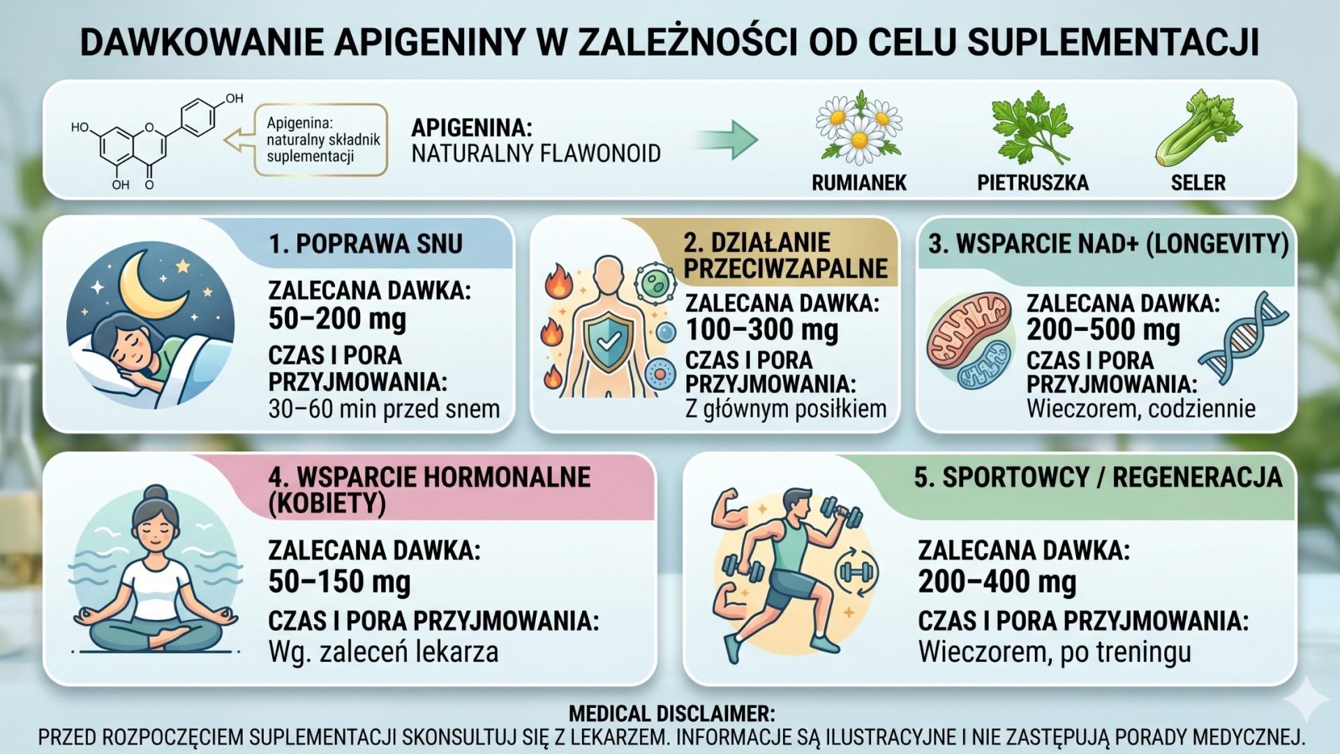 Infografika – dawkowanie apigeniny w zależności od celu suplementacji