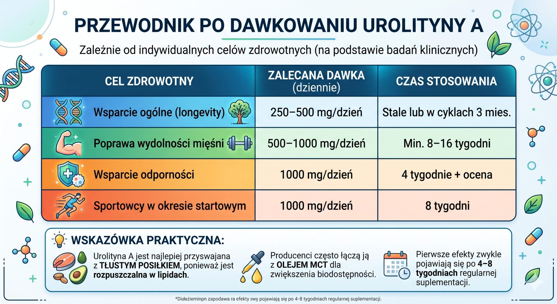 dawkowanie-urolityna Urolityna A - infografika do tematu "przewodnik po dawkowaniu urolityny A" z podziałem na cdrowotny; zalecaną dawke i czas stosowania. Poniżej praktyczne wskazówki na temat suplementacji.
