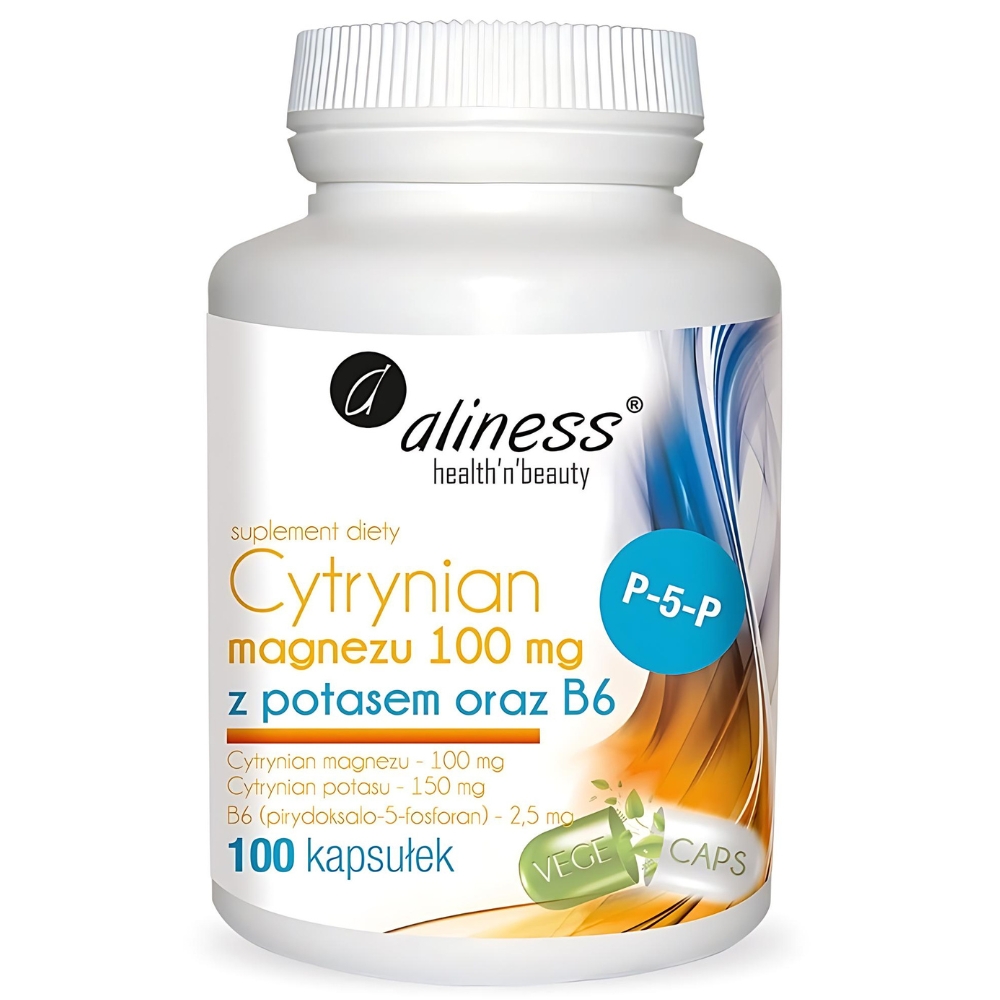 Aliness - Cytrynian Magnezu 100 mg z potasem 150 mg B6 (P-5-P) - 100 kapsułek