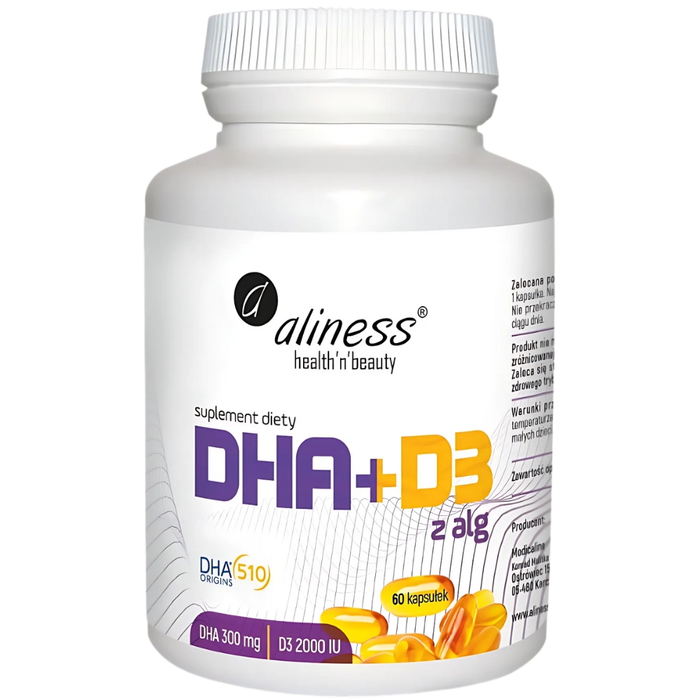 Aliness - Omega DHA 300mg + D3 2000 IU - 60 kapsułek