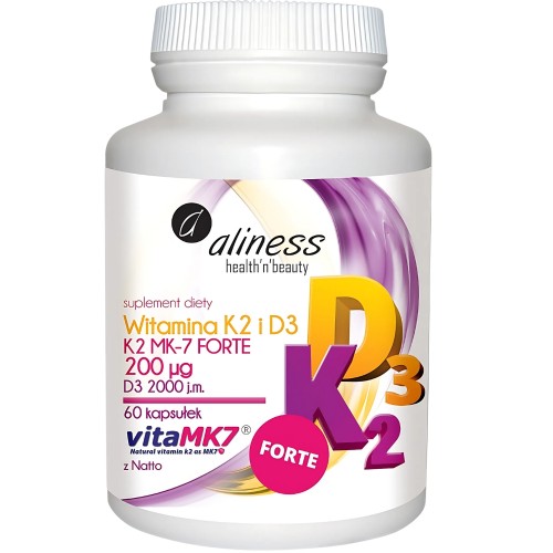 Aliness - Naturalna Witamina K2 FORTE MK-7 200 µg z Natto + D3 - 60 kapsułek