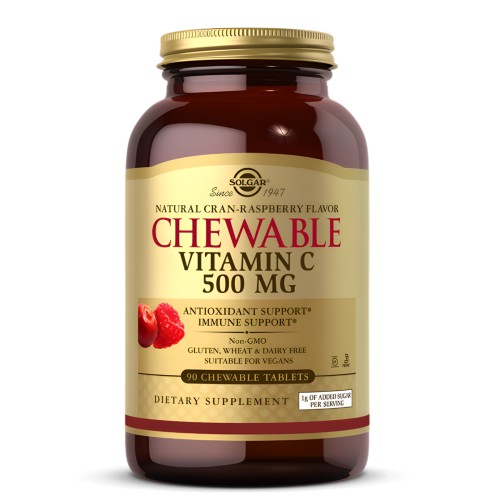 Solgar - Witamina C 500 mg do ssania s. żurawina – malina - 90 pastylek