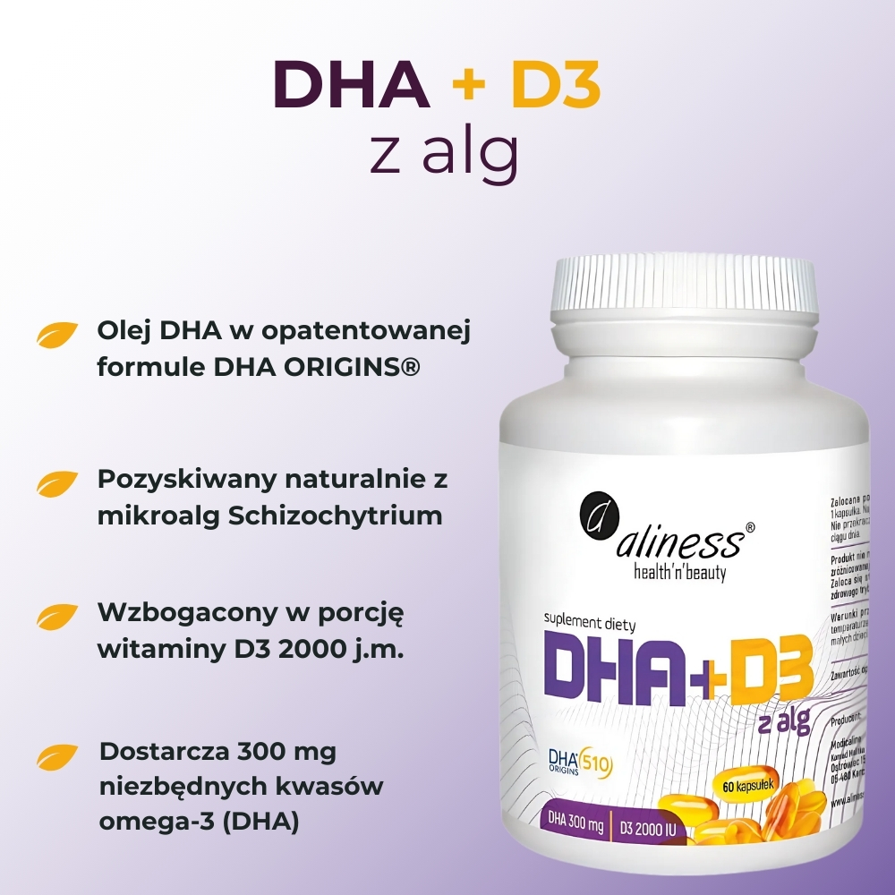 Aliness - Omega DHA 300mg + D3 2000 IU - 60 kapsułek