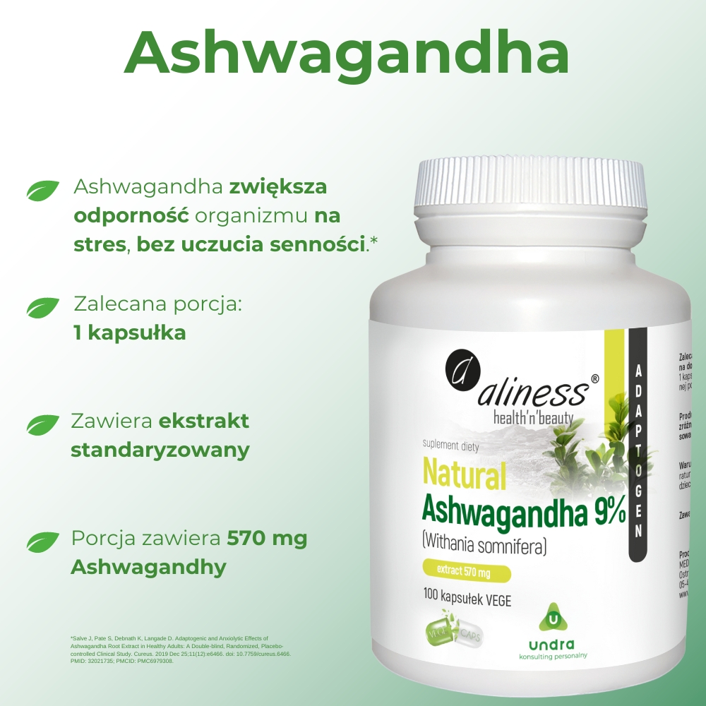 Opakowanie suplementu diety Aliness Natural Ashwagandha 9% – widok z przodu. Produkt zawiera ekstrakt z korzenia ashwagandhy wspierający zdrowie umysłu i ciała. Etykieta na białym tle z informacjami o dawkowaniu i składnikach.