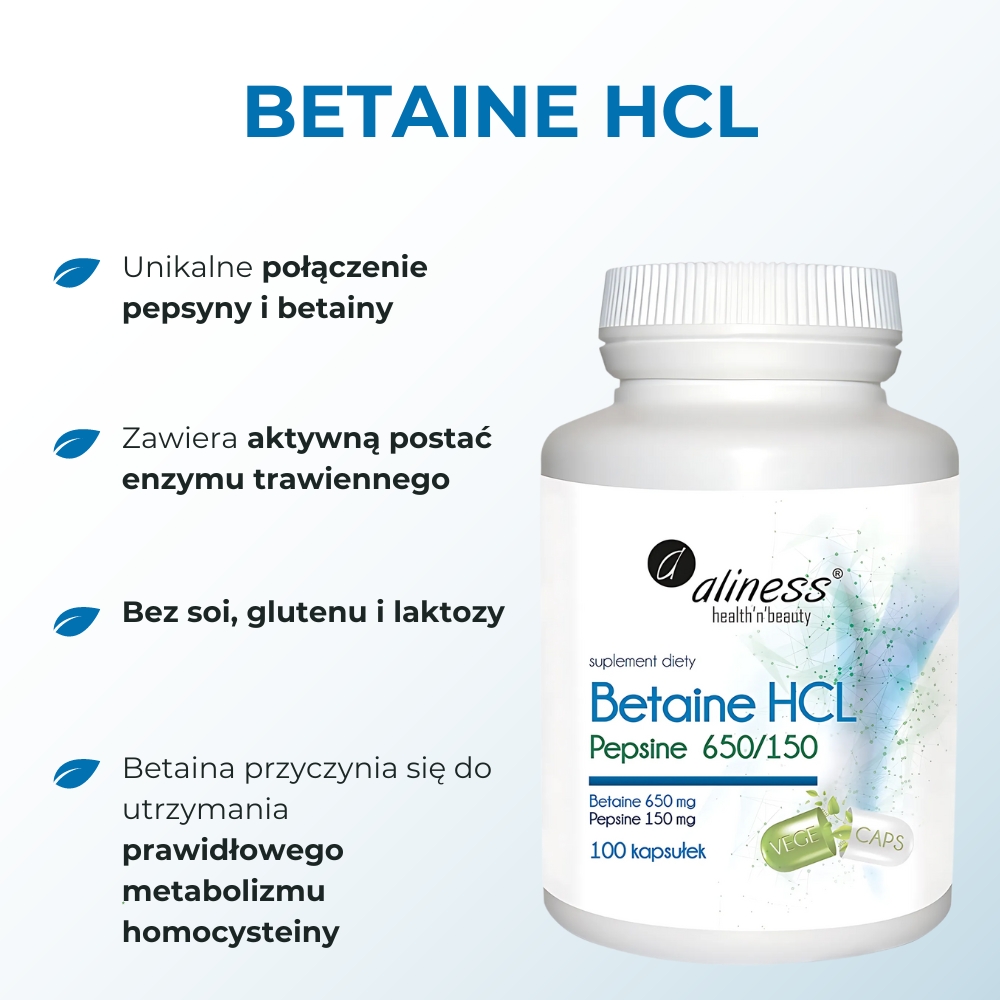 Aliness Betaine HCl, Pepsine 650/150 mg - 100 kapsułek