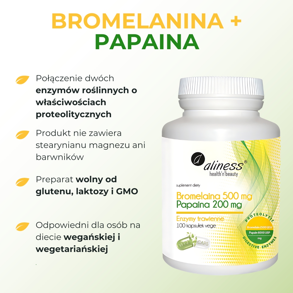 Aliness Bromelaina 500mg, Papaina 200 mg - 100 vege kapsułek