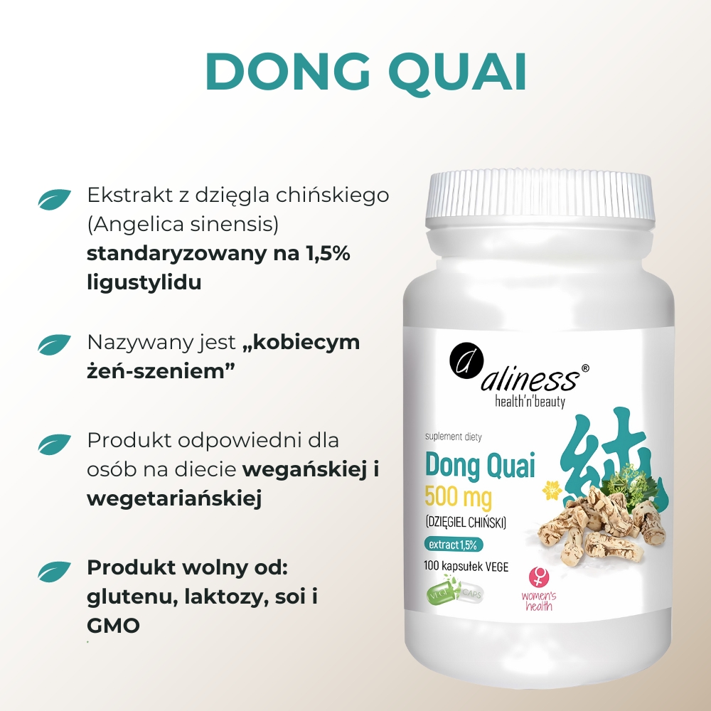 Aliness Dong Quai ekstrakt 1,5% 500mg - 100 kapsułek Vege