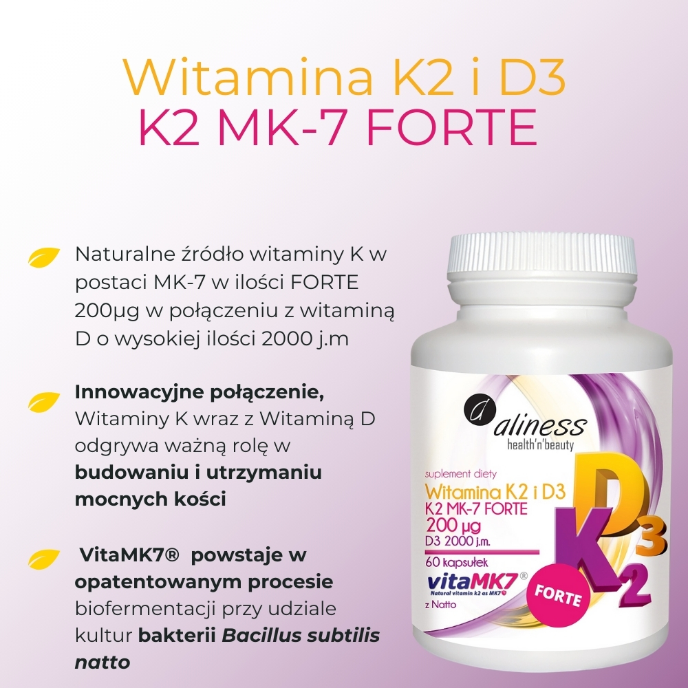 Aliness - Naturalna Witamina K2 FORTE MK-7 200 µg z Natto + D3 - 60 kapsułek