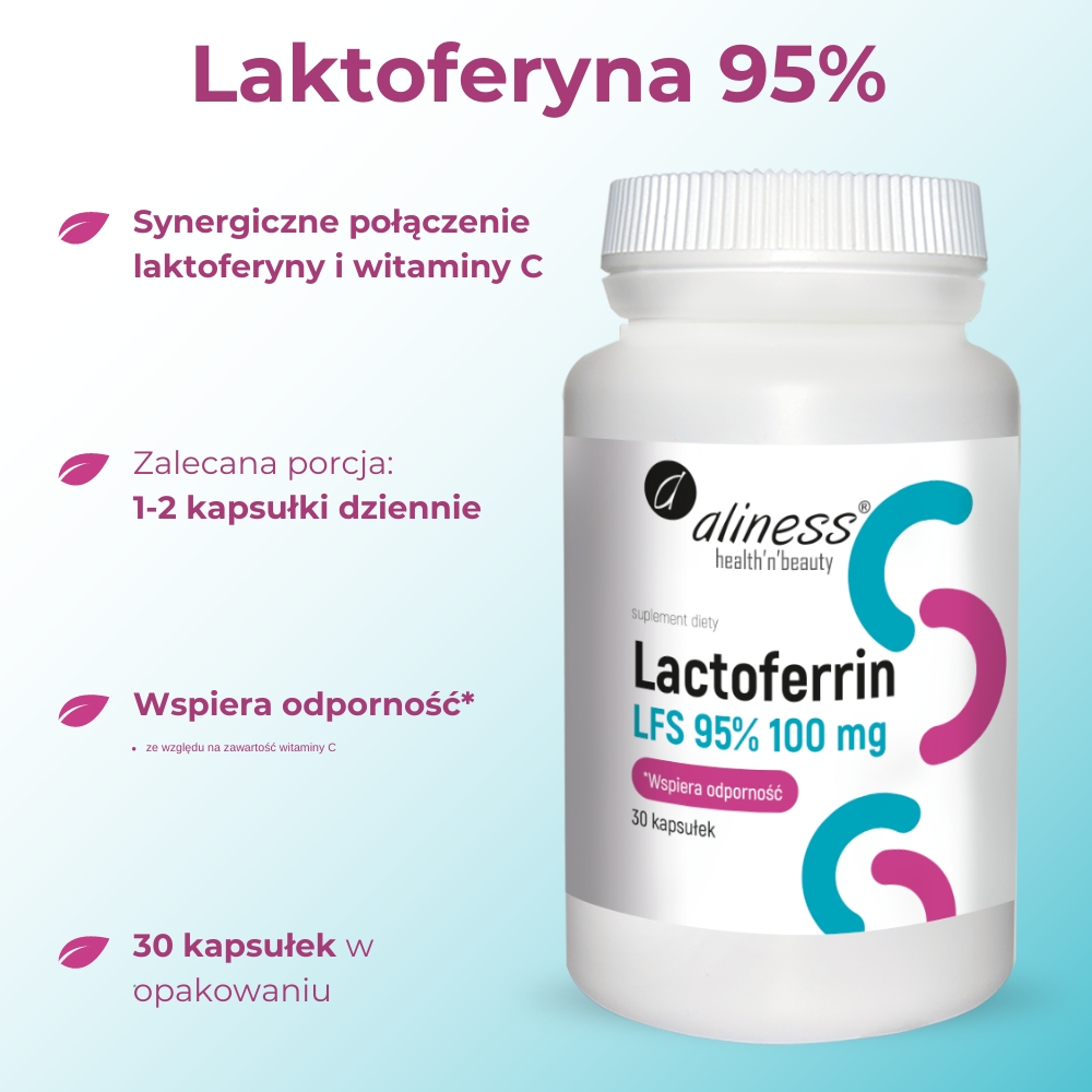 Opakowanie suplementu diety Aliness Lactoferrin LFS 95% 100 mg – widok z przodu. Produkt zawiera laktoferynę wspierającą układ odpornościowy i przyswajanie żelaza.