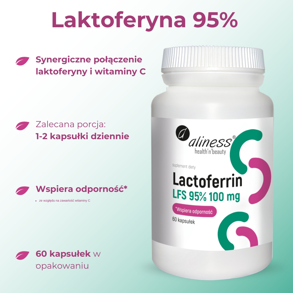 Opakowanie suplementu diety Aliness Lactoferrin LFS 95% 100 mg – widok z przodu. Produkt zawiera laktoferynę wspierającą układ odpornościowy i przyswajanie żelaza.