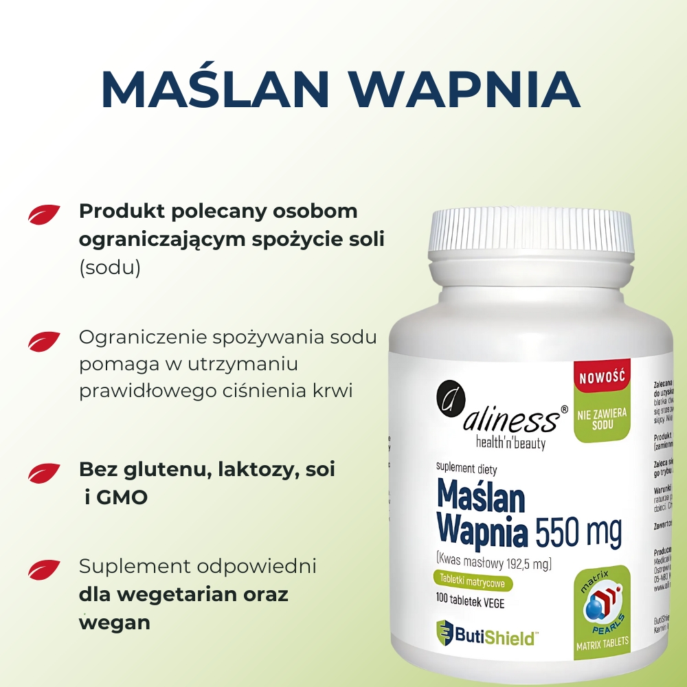 Aliness Maślan wapnia 550 mg (bez sodu) - 100 tabletek