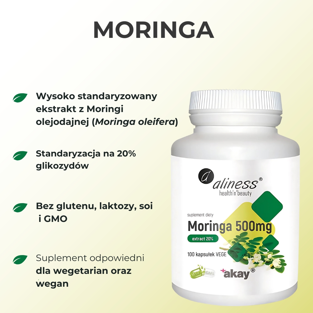 Aliness Moringa ekstrakt 20% 500 mg - 100 vege kapsułek