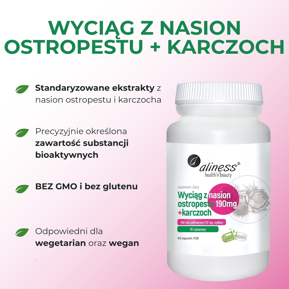 Aliness Ekstrakt z nasion ostropestu 190 mg + karczoch - 100 kapsułek