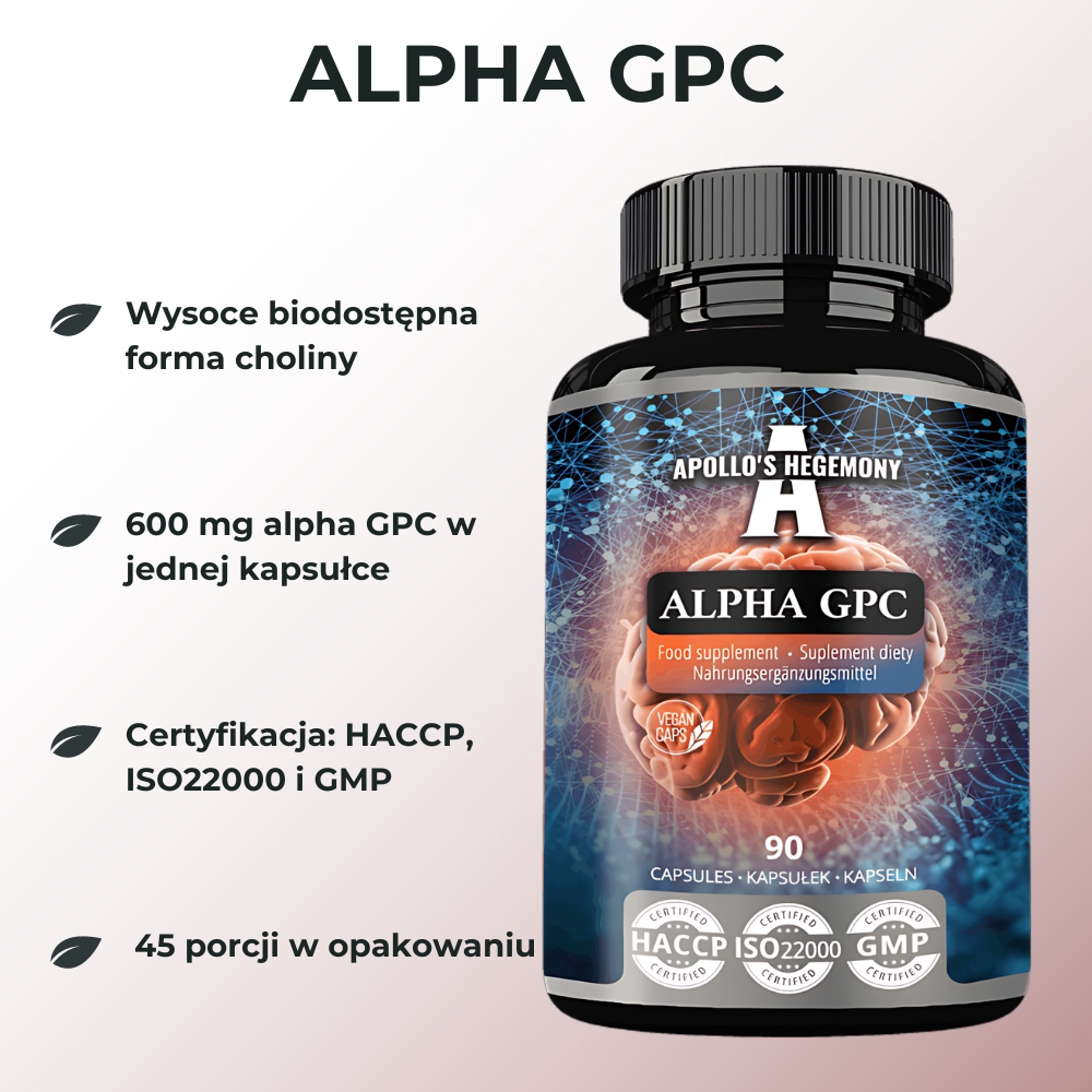 Opakowanie Apollo's Hegemony Alpha GPC 300 mg - 90 kapsułek. Suplement wspierający funkcje poznawcze, pamięć i koncentrację. Etykieta na białym tle z informacjami o składnikach.