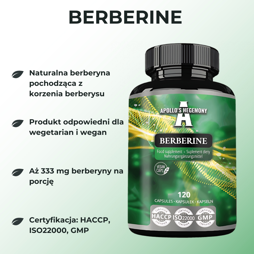 Opakowanie Apollo's Hegemony Berberine - 120 kapsułek. Suplement wspierający metabolizm i poziom cukru we krwi.