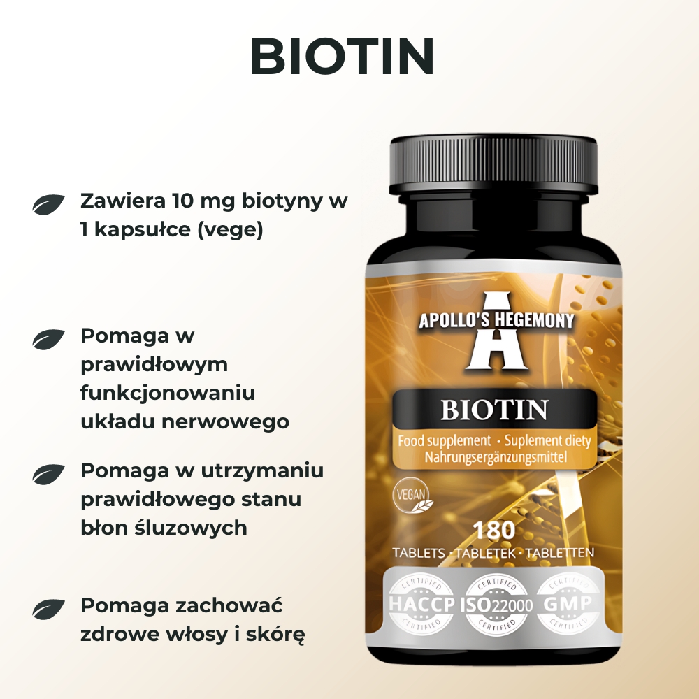 Apollo's Hegemony Biotin - suplement diety w tabletkach, 180 sztuk, wspierający zdrowie skóry, włosów, układu nerwowego i metabolizm energetyczny