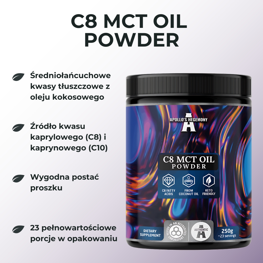 Apollo's Hegemony C8 MCT Oil Powder - suplement diety w proszku, 250g, naturalne źródło energii, wspiera metabolizm tłuszczów