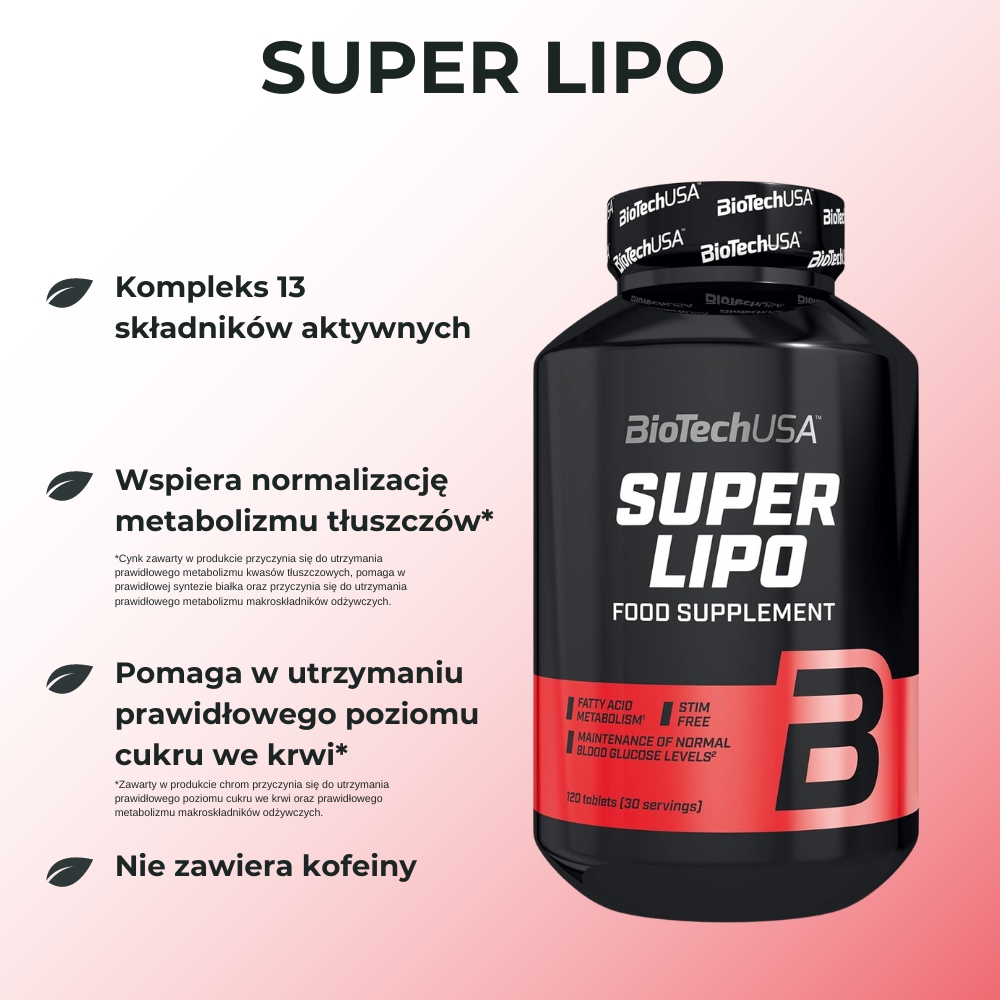 Opakowanie BioTechUSA Super Lipo - 120 tabletek. Suplement wspiera metabolizm tłuszczów i poziom cukru we krwi. Etykieta na białym tle z informacjami o składnikach.