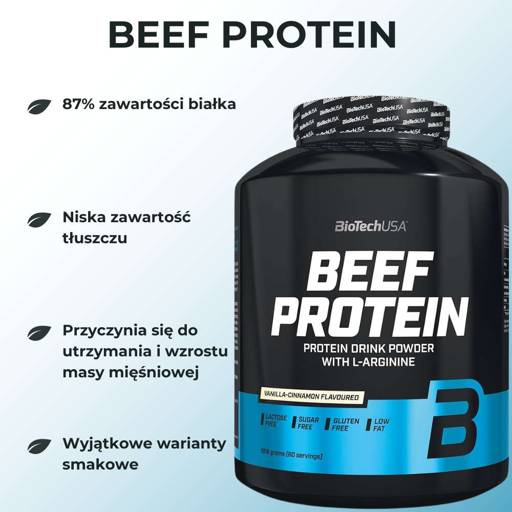 Opakowanie BioTechUSA Beef Protein 1816 g – widok z przodu. Produkt to wysokiej jakości izolat białka wołowego, idealny dla sportowców dbających o masę mięśniową.