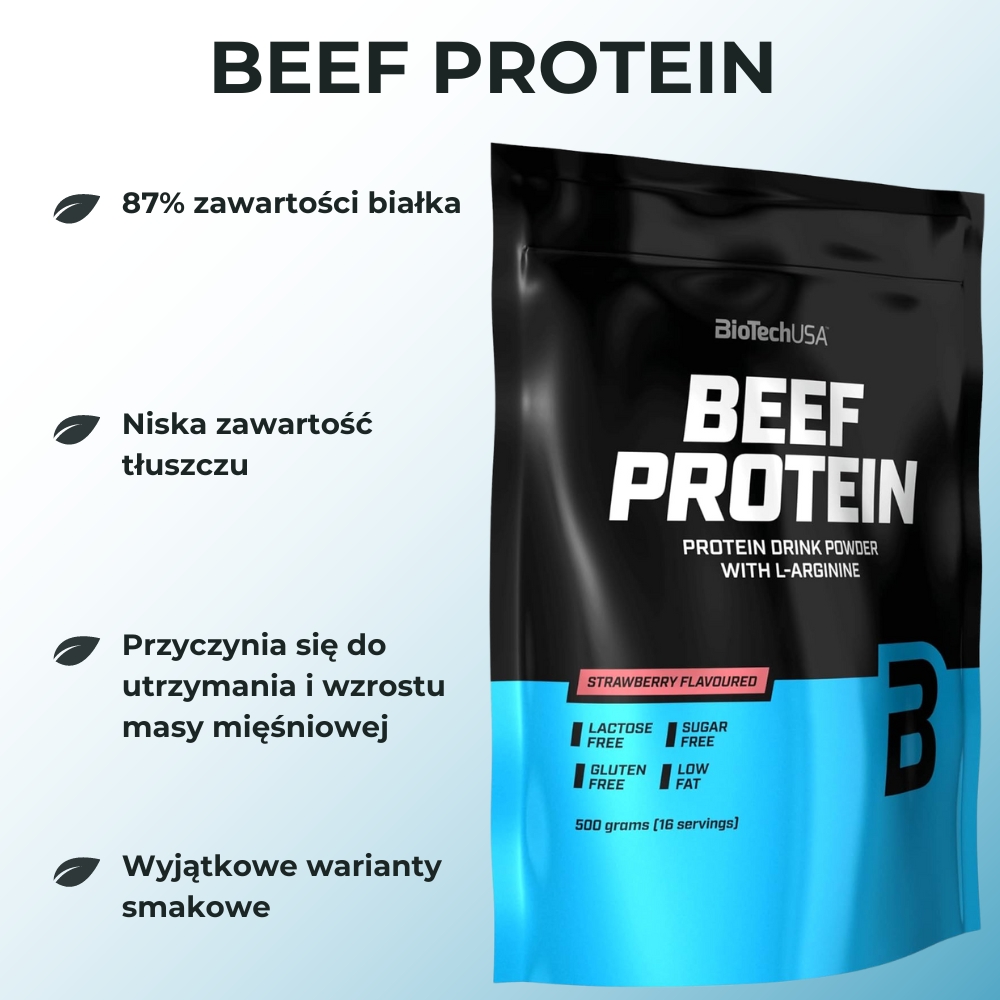 Opakowanie BioTechUSA Beef Protein 500 g – widok z przodu. Produkt to wysokiej jakości izolat białka wołowego, idealny dla sportowców dbających o masę mięśniową.