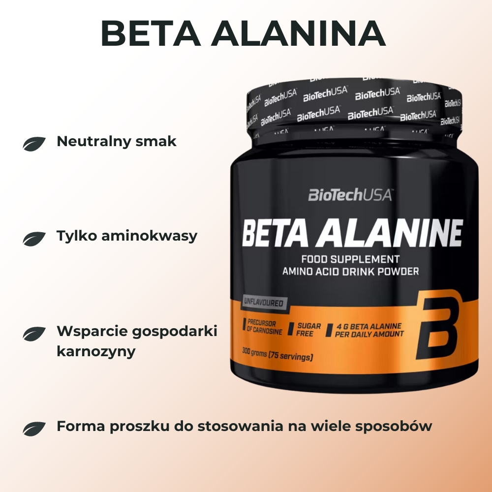 Opakowanie BioTech USA Beta Alanine 300 g – widok z przodu. Produkt zawiera beta-alaninę, wspierającą wytrzymałość organizmu.