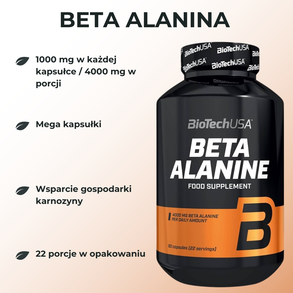 Opakowanie BioTech USA Beta Alanine 90 kapsułek – widok z przodu. Produkt zawiera 1000 mg β-alaniny w każdej kapsułce, idealny dla osób aktywnych fizycznie.