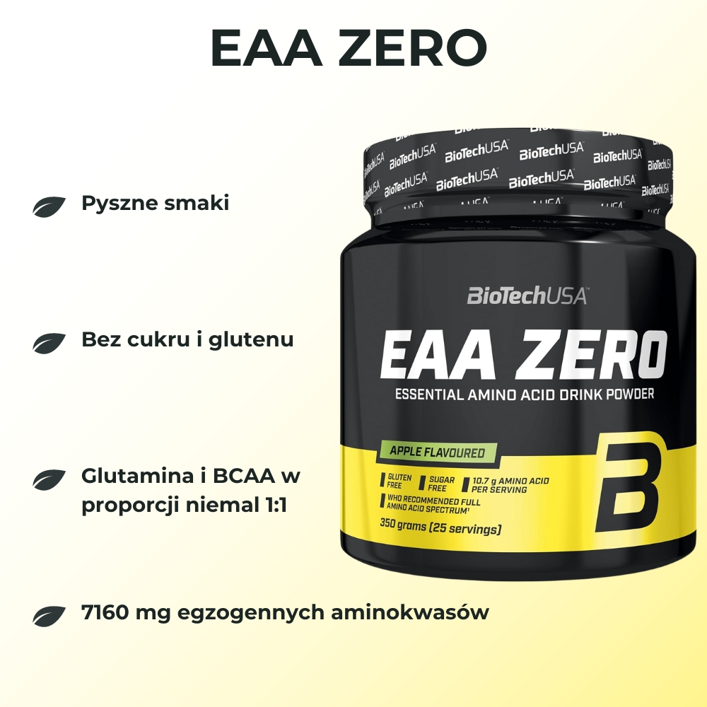 Opakowanie BioTech USA EAA Zero 350 g – widok z przodu. Produkt zawiera egzogenne aminokwasy, L-glutaminę i BCAA, bez cukru i glutenu.