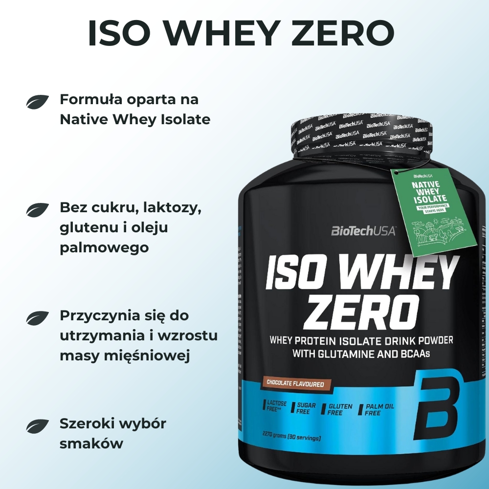 Opakowanie suplementu diety BioTechUSA Iso Whey Zero – widok z przodu. Produkt zawiera wysokiej jakości izolat białka serwatkowego bez cukru, laktozy i glutenu.