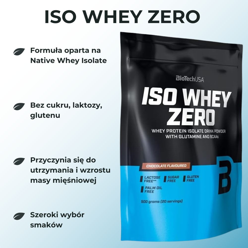 Opakowanie BioTechUSA Iso Whey Zero 500 g – widok z przodu. Produkt to izolat białka serwatkowego bez cukru, laktozy i glutenu. Idealny dla sportowców dbających o masę mięśniową.