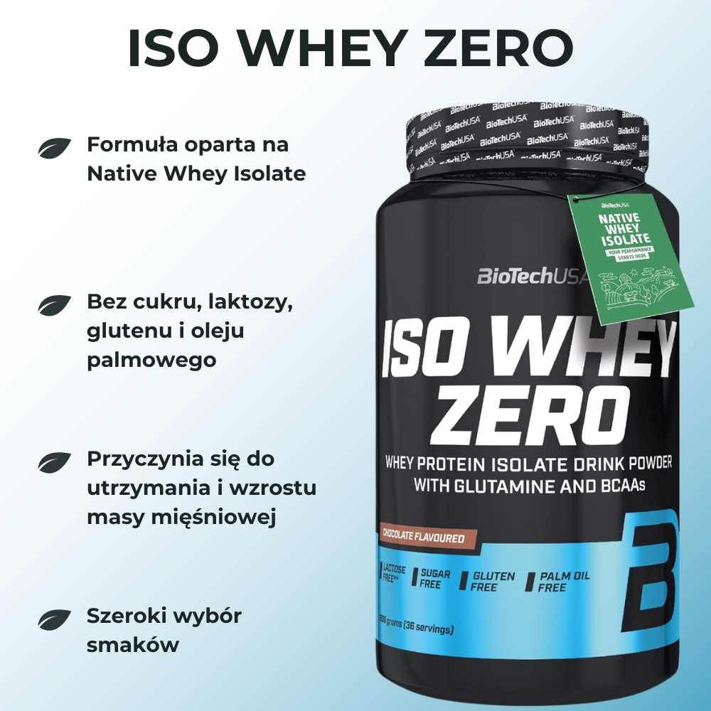 Opakowanie BioTechUSA Iso Whey Zero 908 g – widok z przodu. Produkt to izolat białka serwatkowego bez cukru, laktozy i glutenu. Idealny dla sportowców dbających o masę mięśniową.