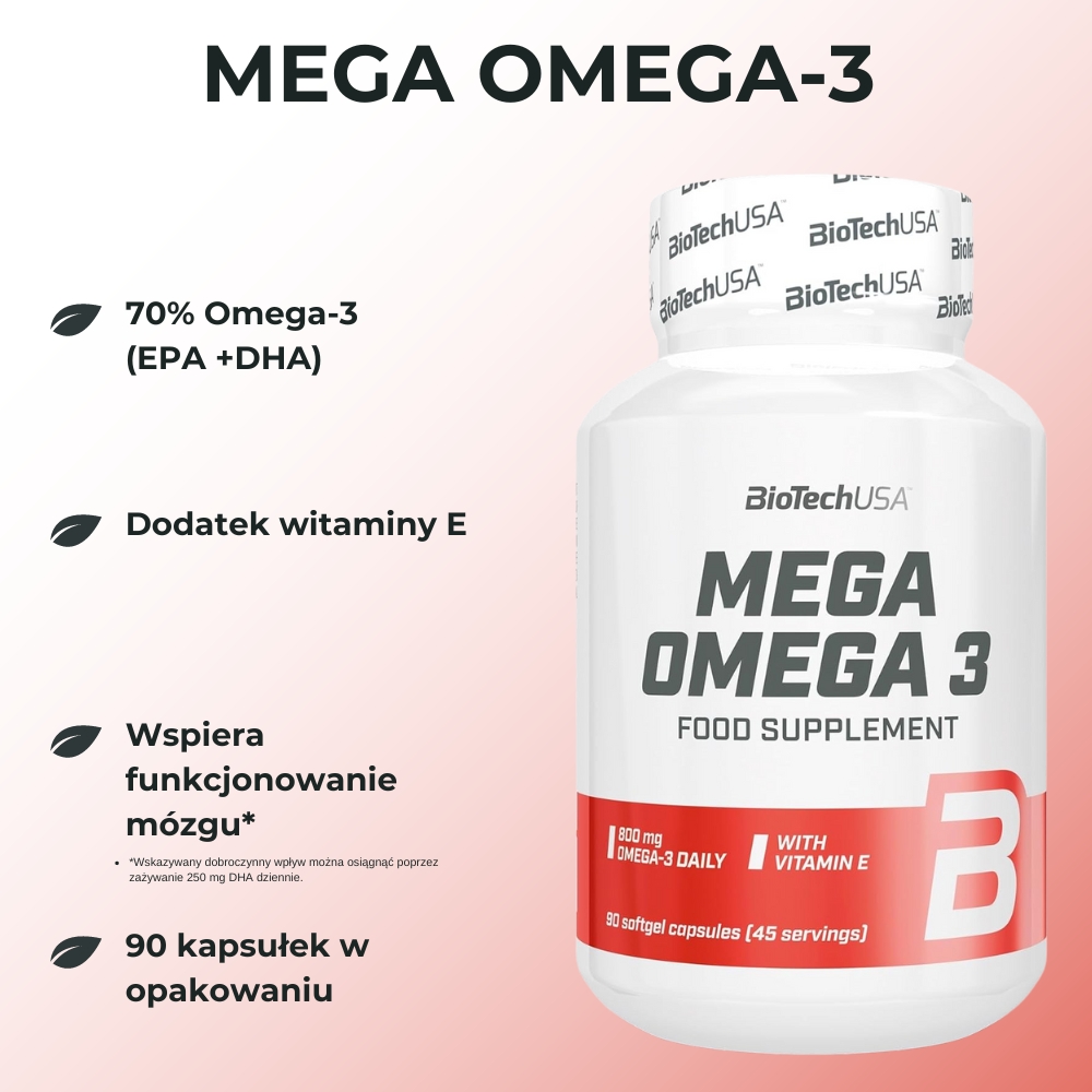 Opakowanie suplementu diety BioTech USA Mega Omega 3 – widok z przodu. Produkt zawiera 70% kwasów tłuszczowych Omega 3, wspomagających zdrowie serca i układu nerwowego. Etykieta na białym tle z informacjami o składnikach.