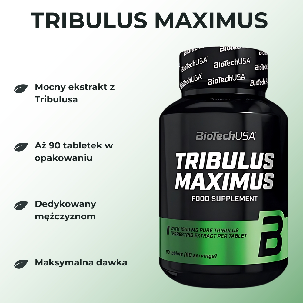 Opakowanie suplementu diety BioTech USA Tribulus Maximus - 90 tabletek. Produkt zawiera Tribulus Terrestris, idealny dla sportowców poszukujących naturalnego wsparcia w osiąganiu celów treningowych.