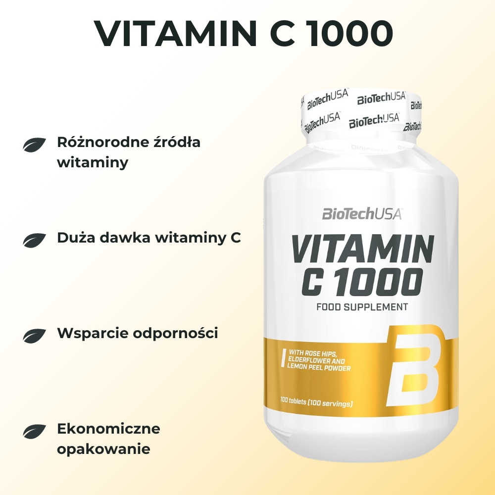 Opakowanie suplementu diety BioTech USA Vitamin C 1000 – widok z przodu. Produkt zawiera wysoką dawkę witaminy C, wspierającą układ odpornościowy i zdrowie skóry. Etykieta na białym tle z informacjami o składnikach.